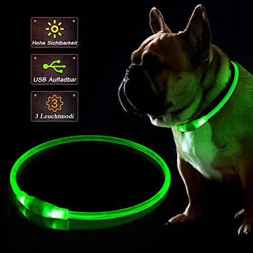 KABB LED Hundehalsband, USB Wiederaufladbares Blinkhalsband für die Sicherheit bei Nacht, Verstellbares, Wasserdichtes, Hell Beleuchtetes Halsband für Hunde - Eine Grösse passt Allen, Grün von KABB