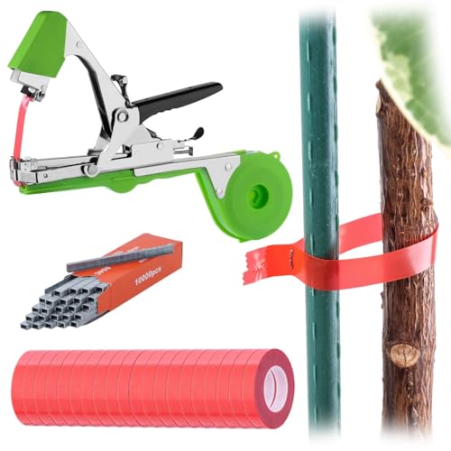 KADAX Bindezange Set für Pflanzen, inkl. 20 Rollen Bindeband & 10000 Heftklammern, Ideal zum schnellen Anbinden von Tomaten, Gurken & Kletterpflanzen (Rot) von KADAX