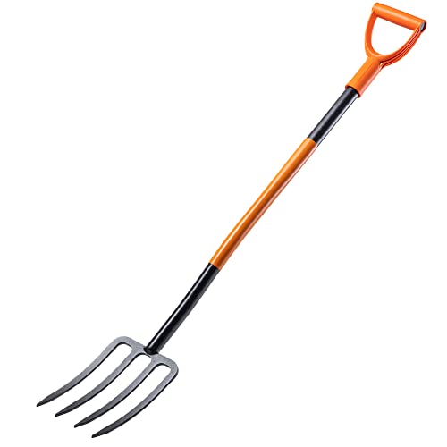 KADAX Spatengabel aus Stahl, Gabel mit D-Griff, Grabgabel zum Umgraben und Auflockern, ergonomische Gartenforke, Heugabel, Mistgabel, Gartengabel (4 Zinken, Schwarz/orange) von KADAX