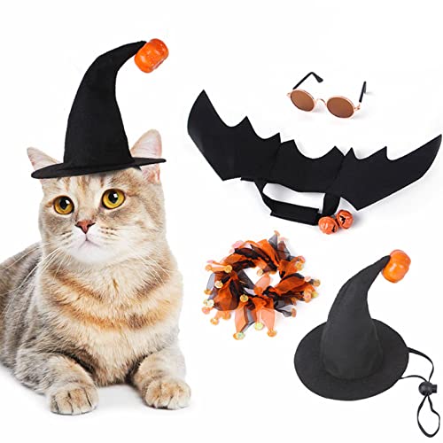 Halloween-Kostüm für Haustiere, Fledermausflügel, verstellbarer Hexenhut, leicht, niedliches Halsband mit Glocken, Dekoration und Brille, 4-teilig Halloween-Kostüm für Haustiere, Fledermausflügel, verstellbarer Hexenhut, leicht, niedliches Halsband mit Glocken, Dekoration und Brille, 4-teilig von KADSXIYA