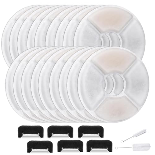 KAEGREEL Katzenbrunnen Filter für 81oz / 2.4L Runde Haustierbrunnen Hund Wasserspender, 18 Ersatz Filters + 6 Schwarze Schwämme + 2 Reinigungsbürste zur Verbesserung der Wasserqualität von KAEGREEL