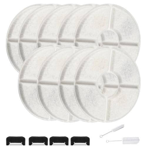 KAEGREEL Katzenbrunnen Filter für 81oz / 2.4L Runde Haustierbrunnen Hund Wasserspender, 9 Ersatz Filters + 4 Schwarze Schwämme + 2 Reinigungsbürste zur Verbesserung der Wasserqualität von KAEGREEL