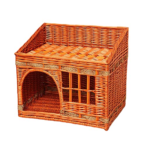 Halb Geschlossenes Rattan-Katzenhaus, Katzenvilla, Haustiernest Im Pastoralen Stil, Großer Haustierspielplatz, Hohltüren Und Fenster,Honey,56CM von KAFELE