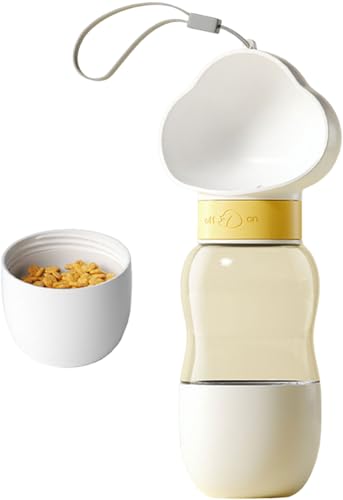 KAIMIO Tragbare Hunde-Wasserflasche mit Futterbehälter, 530 ml, auslaufsicher, Welpen-Trinker mit Futterspender für Hunde, Katzen, Haustiere, Spaziergänge, Wandern, Reisen (340 ml + 200 ml, weiß) von KAIMIO
