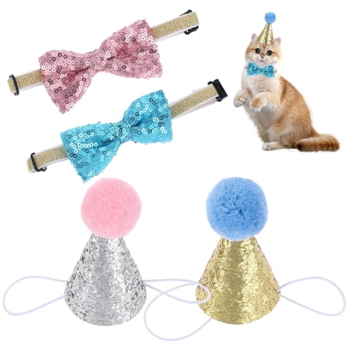 4 Stück Katzen-Geburtstagshut und Fliege, wiederverwendbare Partyhüte für Hunde, glänzende Katzenhüte, Mini-Partyhut, niedlicher Welpenhut mit Pompons, verstellbare Stirnbänder, Topper, 4 Stück Katzen-Geburtstagshut und Fliege, wiederverwendbare Partyhüte für Hunde, glänzende Katzenhüte, Mini-Partyhut, niedlicher Welpenhut mit Pompons, verstellbare Stirnbänder, Topper, von KALIONE