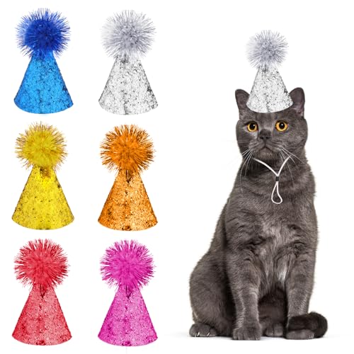 6 Packungen Katzen-Geburtstagshut, Partyhüte für Hunde, mehrfarbige Katzenhüte, Mini-Partyhüte, niedlicher Welpenhut mit Pompons, verstellbare Stirnbänder, Geburtstagshüte für Kätzchen, Kaninchen, von KALIONE