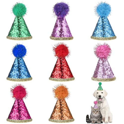 Bunte Mini-Partyhüte, 8 Stück, Katzen-Geburtstagshut, Partyhüte, Glitzer, Katzenhut, niedlicher Welpenhut mit Bommeln, verstellbare Hunde-Geburtstagshüte für Katzen, Hunde, Haustiere, Stofftiere, Bunte Mini-Partyhüte, 8 Stück, Katzen-Geburtstagshut, Partyhüte, Glitzer, Katzenhut, niedlicher Welpenhut mit Bommeln, verstellbare Hunde-Geburtstagshüte für Katzen, Hunde, Haustiere, Stofftiere, von KALIONE