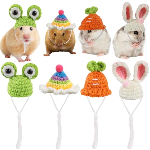 Hamsterhut, kleine Tiere, niedlicher Mini-Hut, handgestrickte Mini-Hüte mit verstellbarem Riemen, niedlicher Regenbogenhase und Karotte, kleine Hüte für Meerschweinchen, Haustiere, Urlaub, Party, von KALIONE