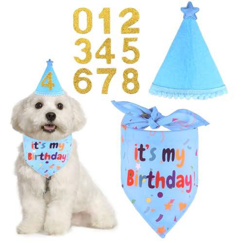 3 Stücke Hunde Geburtstag Deko, Hunde Geburtstag Hut Bandana Mütze mit 8 Bling Nummern Hundegeburtstagskrawatte Krawatten Hund Halstuch Bandana Hunde Zubehör Set Hundegeburtstagsparty von KALIONE