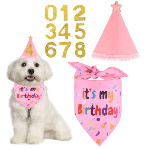 Rosa Hunde Geburtstag Hut Bandana Set mit 8 Bling Nummern Hundegeburtstagskrawatte Krawatten Hund Halstuch Bandana Zubehör Set für Hundegeburtstagsparty Rosa Hunde Geburtstag Hut Bandana Set mit 8 Bling Nummern Hundegeburtstagskrawatte Krawatten Hund Halstuch Bandana Zubehör Set für Hundegeburtstagsparty von KALIONE