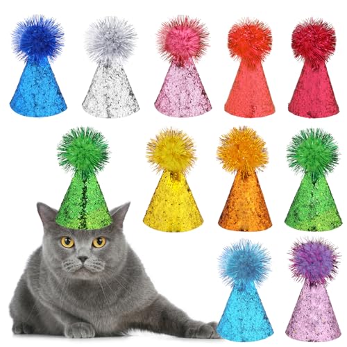 KALIONE 10 Packungen Geburtstagshüte für Katzen, Partyhüte, mehrfarbige Katzenhüte, Mini-Partyhüte, niedliche Welpenhüte mit Pompons, verstellbare Stirnbänder, Geburtstagshüte für Hunde, Kätzchen, von KALIONE
