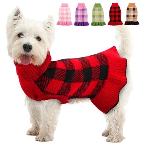 Hundepullover, Kleid, kariert, Strickwaren für kleine und mittelgroße Hunde, warmer Rollkragen, Stretch-Pullover, niedlich, für Herbst und Winter, mit Loch für die Leine für Weihnachten, Rot, Größe Hundepullover, Kleid, kariert, Strickwaren für kleine und mittelgroße Hunde, warmer Rollkragen, Stretch-Pullover, niedlich, für Herbst und Winter, mit Loch für die Leine für Weihnachten, Rot, Größe von KAMA BRIDAL
