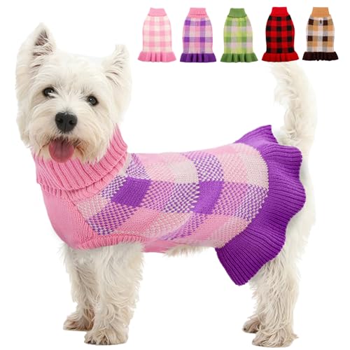 Hundepullover, Kleid, kariert, Strickwaren für kleine und mittelgroße Hunde, warmer Rollkragenpullover, Stretch-Pullover, niedlich, für Herbst und Winter, mit Loch für die Leine für Weihnachten (Lila, Hundepullover, Kleid, kariert, Strickwaren für kleine und mittelgroße Hunde, warmer Rollkragenpullover, Stretch-Pullover, niedlich, für Herbst und Winter, mit Loch für die Leine für Weihnachten (Lila, von KAMA BRIDAL