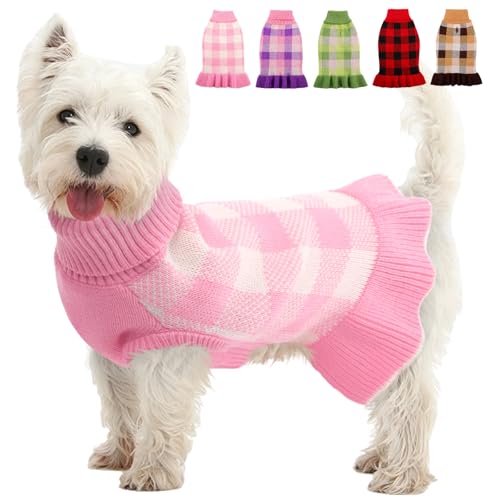 Hundepullover, Kleid, kariert, Strickwaren für kleine und mittelgroße Hunde, warmer Rollkragenpullover, Stretch-Pullover, niedlich, für Herbst und Winter, mit Loch für die Leine für Weihnachten (Rosa, Hundepullover, Kleid, kariert, Strickwaren für kleine und mittelgroße Hunde, warmer Rollkragenpullover, Stretch-Pullover, niedlich, für Herbst und Winter, mit Loch für die Leine für Weihnachten (Rosa, von KAMA BRIDAL