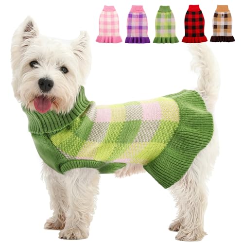 Hundepullover, Kleid, kariert, Strickwaren für kleine und mittelgroße Hunde, warmer Rollkragenpullover, Stretch-Pullover, niedlich, für Herbst und Winter, mit Loch für die Leine für Weihnachten (Grün, Hundepullover, Kleid, kariert, Strickwaren für kleine und mittelgroße Hunde, warmer Rollkragenpullover, Stretch-Pullover, niedlich, für Herbst und Winter, mit Loch für die Leine für Weihnachten (Grün, von KAMA BRIDAL