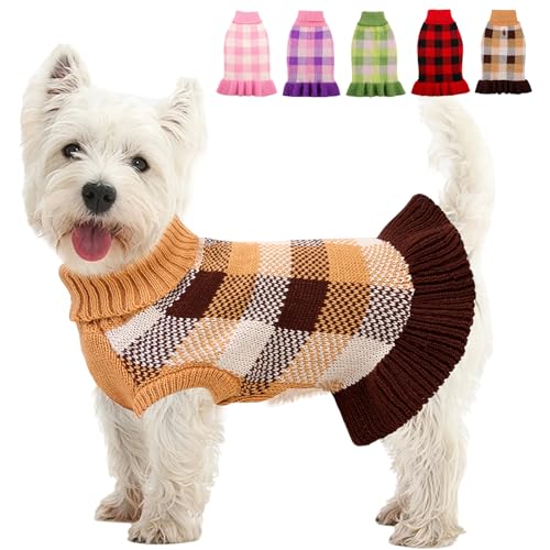 Hundepullover, Kleid, kariert, Strickwaren für kleine und mittelgroße Hunde, warmer Rollkragenpullover, Stretch-Pullover, niedlicher Herbst-Winterweste, Kleidung mit Loch für die Leine für Weihnachten von KAMA BRIDAL