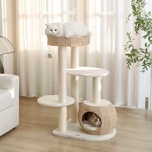 KAMABOKO Moderner Katzenbaum, Katzenbäume für Indoor-Katzen mit natürlichem Sisal-Kratzbaum, handgewebte Höhle und Sitzstange, 99,1 cm hoch, für Kätzchen, Klettern, Spielen und Ausruhen von KAMABOKO
