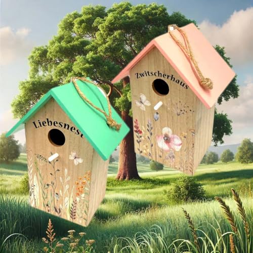 KAMACA 2er Set Vogelhaus aus Holz Nistkasten Vogelhäuschen zum Aufhängen für Meisen Fink Sperling zum Brüten Nisten im Garten Terrasse Balkon langlebig wetterfest (Liebesnest und Zwitscherhaus) von KAMACA