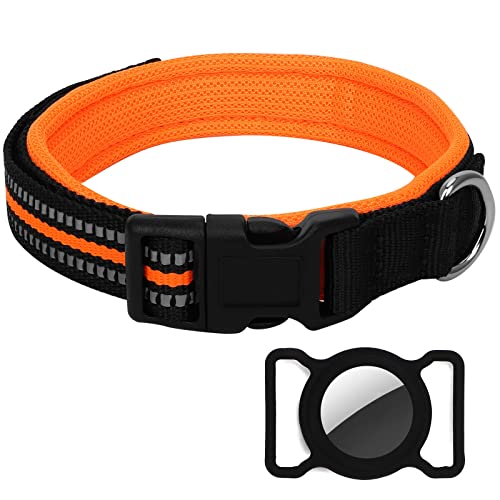 KAMEUN Halsband Hund, Hundehalsband Kleine Hunde mit Airtag Halterung Hundehalsband Gepolstertes Verstellbares Hundehalsband Hunter Halsband für Mittel Große Hunde (M, Orange) von KAMEUN