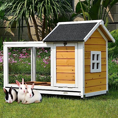 Outdoor Kaninchenstall Kleintierhaus Tierkäfig 1 Schicht Holz, Kaninchenkäfig mit Nistkasten und Auslauf von KAMPCO