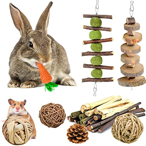 KAONESS Kleintiere Kauspielzeug 10Stk Kaninchen Spielzeug Grasspielzeug Hasen Natürliches Kiefernholz aus Holz Übung Glockenrolle Zahnpflege Molar Backenzahnspielzeug für Häschen Chinchilla Hamster von KAONESS