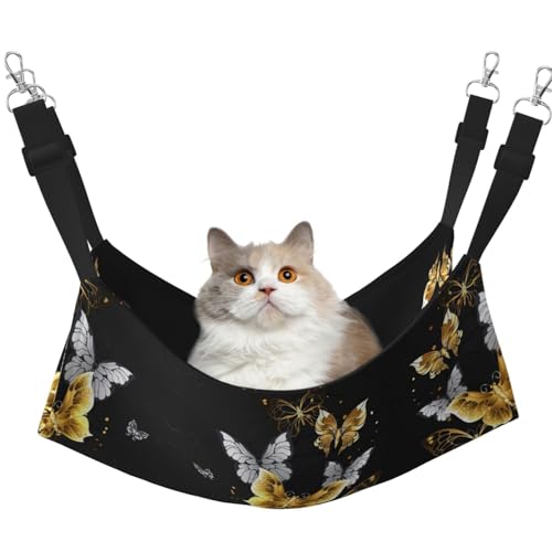 KAPPTYY Hängematte, mit verstellbaren Riemen und Metallhaken, doppelseitig, goldfarben / Weiß mit Schmetterlingen, Schwarz von KAPPTYY