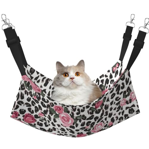KAPPTYY Haustier-Hängematte mit niedlichen roten Rosen, Leopardenmuster, mit verstellbaren Riemen und Metallhaken, doppelseitiges Bett von KAPPTYY