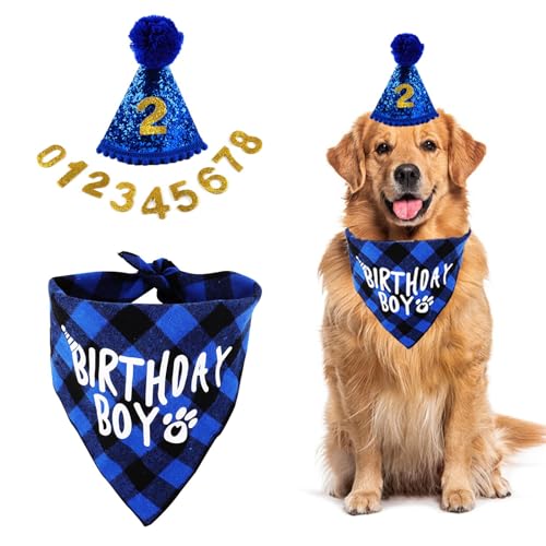 Hund Geburtstag Bandana Set, 3 Stücke Hunde Geburtstags Bandana Mütze mit 9 Bling Nummern, Hund Geburtstag Hut, Hundegeburtstagskrawatte, Hund Halstuch Bandana für kleine mittlere Hunde (Blau) von KARELLS
