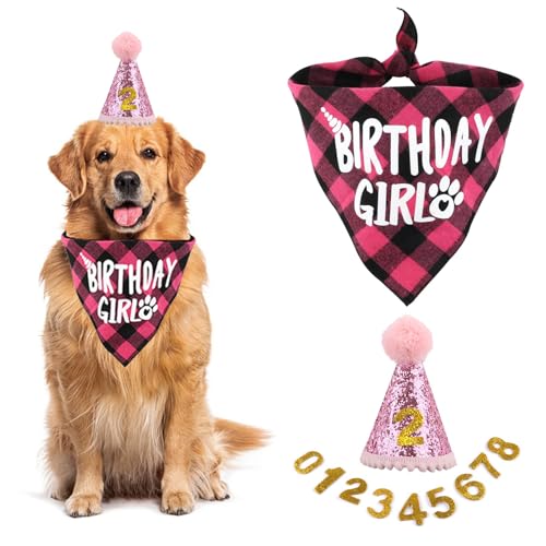 Hund Geburtstag Hut, 3 Stücke Hunde Geburtstags Bandana Mütze mit 9 Bling Nummern, Hund Geburtstag Bandana Set, Hundegeburtstagskrawatte, für kleine mittlere Hunde (Rosa) von KARELLS