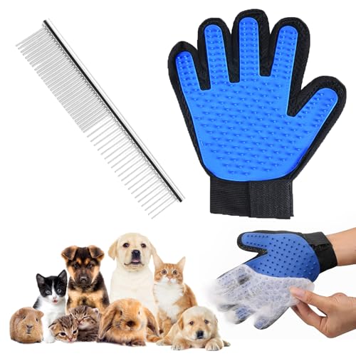 Haustier Fellpflegehandschuh+Hundekämme 2-in-1 Edelstahl Haustier Kamm, Professionelle Hunde Kamm Katzen Kamm, Sanfte Fellpflegehandschuh zur Fellpflege durch Handschuh für Hund, Katze und Pferde von KARELLS