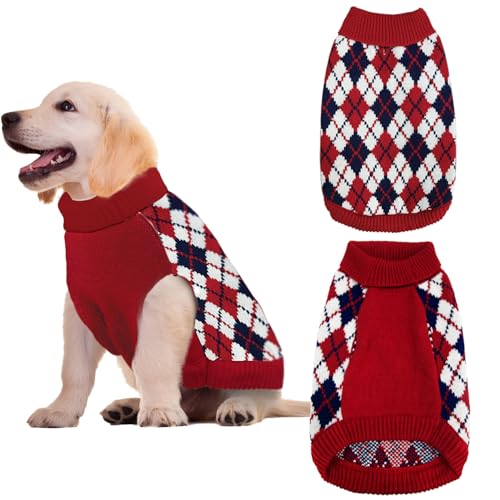 Hundepullover, gestrickt, klassisches Winter-Outfit mit kariertem rotem Argyle-Muster, warmer Rollkragen, Sweatshir für kleine, mittelgroße Welpen, Hunde, Katzen, Größe L Hundepullover, gestrickt, klassisches Winter-Outfit mit kariertem rotem Argyle-Muster, warmer Rollkragen, Sweatshir für kleine, mittelgroße Welpen, Hunde, Katzen, Größe L von KAROKU