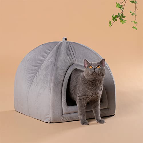 KASENTEX Katzenbett für Indoor-Katzen, 2-in-1 Katzenhaus Haustierbedarf für Kätzchen und kleine Katze oder Hund - Tierhöhle, Katzenzelt mit abnehmbarem waschbarem Kissenkissen (Grau, 15 x 15 x 15 cm) von KASENTEX