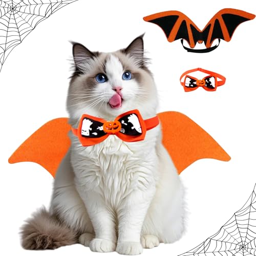 KASESSS 2 Stück Halloween Katze Fledermausflügel, Halloween Hundekostüm, Fledermaus Kostüm Flügel mit Kürbis-Fliege, Einstellbar Katzenkostüm Halloweens Cosplay Party Dekoration, Filz, M, Orange von KASESSS
