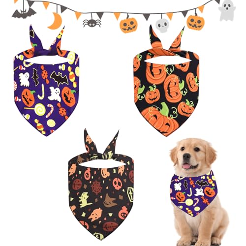 KASESSS 3 Stück Halloween Halstuch Hund, Katze Hundehalstuch, Hunde Halstuch Waschbare, Hunde Halstücher mit Kürbis-Muster, Hund Halstuch, Bandana Hunds für Kleine Mittlere Große Haustier von KASESSS