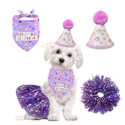 KASESSS 3 Stück Hunde Geburtstag Hut Bandana Set, Hundegeburtstagspartyzubehör, Einstellbar Hundegeburtstagspartyhut, Niedliche Spitze Haustier Glitzerndes Kleid für Kleine Mittlere Hunde, Lila KASESSS 3 Stück Hunde Geburtstag Hut Bandana Set, Hundegeburtstagspartyzubehör, Einstellbar Hundegeburtstagspartyhut, Niedliche Spitze Haustier Glitzerndes Kleid für Kleine Mittlere Hunde, Lila von KASESSS