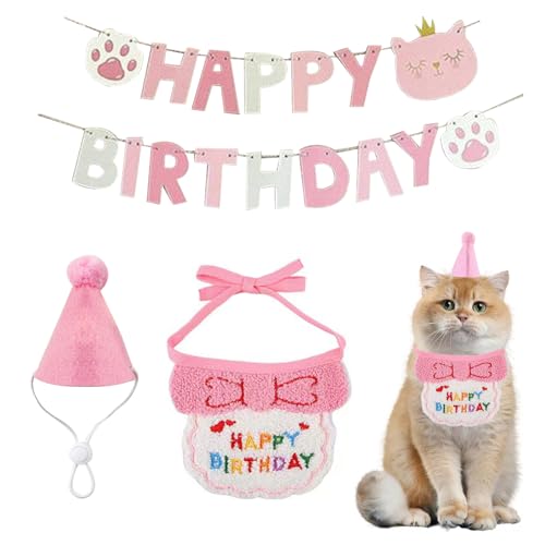 KASESSS 3 Stück Katzen Geburtstags Mütze Set, Hunde Partyhüte, Katzen Deko Geburtstag mit Happy Birthday Banner, Kätzchen Bandanas Hunde Geburtstags Mütze Geburtstagshut für Welpenkatzenhaustie Rosa KASESSS 3 Stück Katzen Geburtstags Mütze Set, Hunde Partyhüte, Katzen Deko Geburtstag mit Happy Birthday Banner, Kätzchen Bandanas Hunde Geburtstags Mütze Geburtstagshut für Welpenkatzenhaustie Rosa von KASESSS