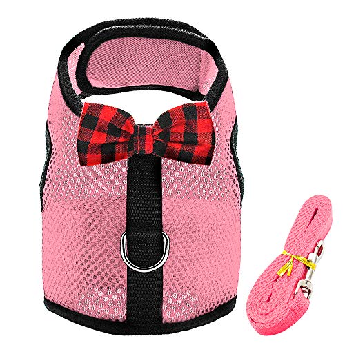 Haustierzubehör Atmungsaktives kleines Katzenhundkabelbaumweste Verstellbares Bowtie Nylon Mesh Welpen Kätzchen Kabelbaum Leine Set for Kaninchenstrustriemen (Color : Pink, Size : B) von KASUK