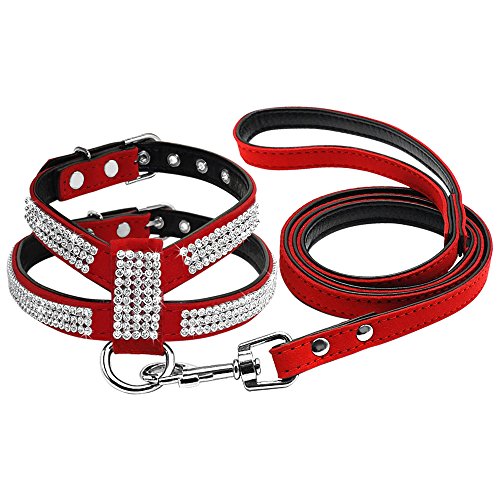 Haustierzubehör Weicher Bling -Strass -Hundekabelbaum Diamante Wildleder Leder Katze Welpe Kätzchen Leine Set for kleine mittelgroße Hund (Color : Red, Size : B) von KASUK