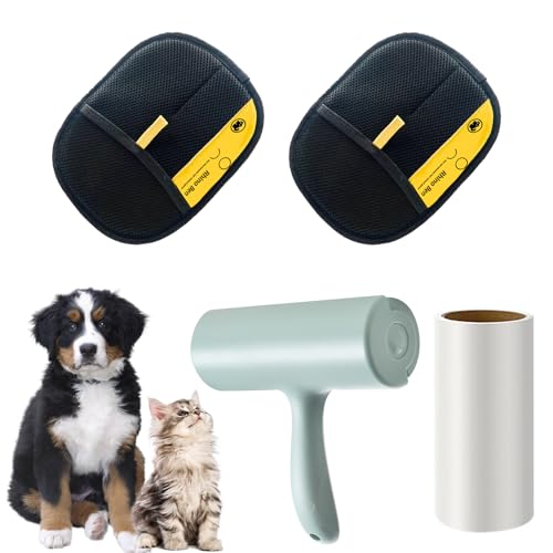 KATKLU 2 Stück Haarentfernungshandschuhe und Sticky Roller, wiederverwendbar, antistatisch, Haustierhaarentfernung Handschuhe für Hunde und Katzen, Möbelkleidung, Cars, Pet Hair Brushes (2-teilige von KATLKIU