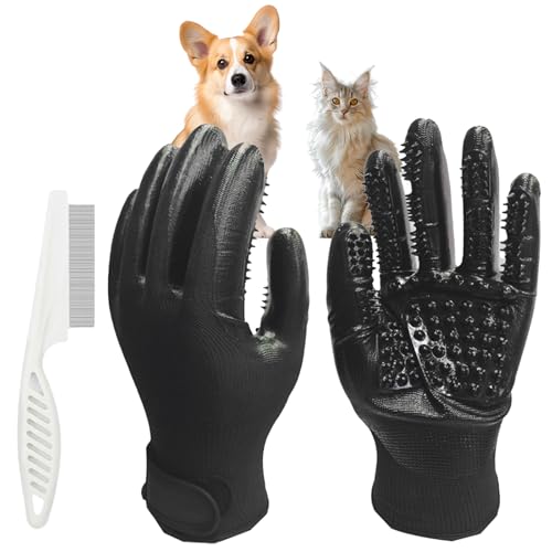 KATLKIU 2 x Haustier-Handschuhe + 1 x Flea Comb Dog Cat Universal Bath Massagebürste für die Heddinghandschuhe links und rechts (eisenförmig) von KATLKIU