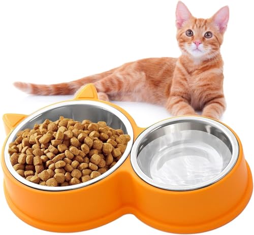 KATLKIU Doppel-Set Katzennapf aus Edelstahl, rutschfeste Unterseite, spülmaschinenfest – für Trocken- und Nassfutter, niedliches Katzen-Design in leuchtenden Farben (gelb) von KATLKIU