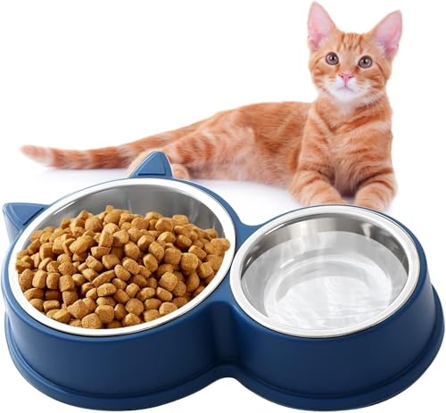 KATLKIU Doppel-Set Katzennapf aus Edelstahl, rutschfeste Unterseite, spülmaschinenfest – für Trocken- und Nassfutter, niedliches Katzendesign, verschiedene Farben (blau) von KATLKIU