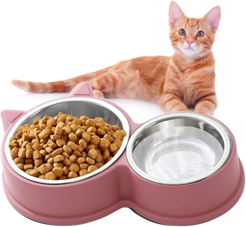 KATLKIU Doppel-Set Katzennapf aus Edelstahl, rutschfeste Unterseite, spülmaschinenfest – für Trocken- und Nassfutter, niedliches Katzendesign, verschiedene helle Farben (Rosa) von KATLKIU