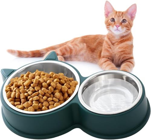KATLKIU Doppel-Set Katzennapf aus Edelstahl, rutschfeste Unterseite, spülmaschinenfest – für Trocken- und Nassfutter, niedliches Katzendesign, verschiedene helle Farben (grün) von KATLKIU