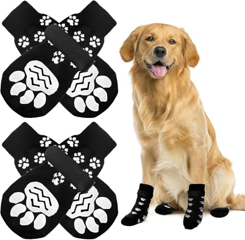 KATLKIU Set mit 4 rutschfesten Hundesocken mit verstellbarem Riemen – Pfotenschutz aus weicher Baumwolle, kratzfest, für kleine und große Hunde, Innen- und Außenbereich (Schwarz, L) von KATLKIU
