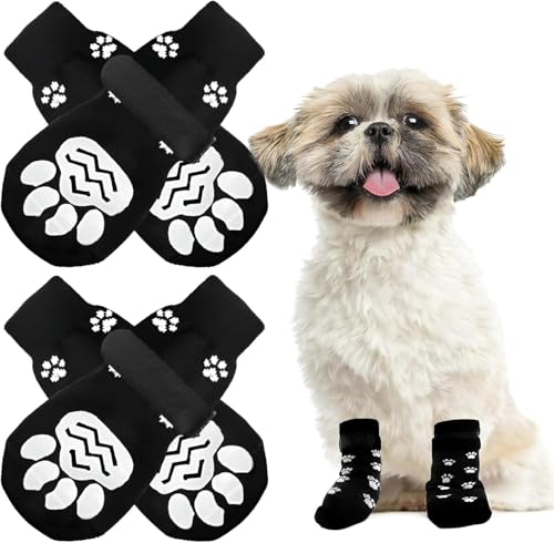 KATLKIU Set mit 4 rutschfesten Hundesocken mit verstellbarem Riemen – Pfotenschutz aus weicher Baumwolle, kratzfest, für kleine und große Hunde, Innen- und Außenbereich (Schwarz, S) von KATLKIU