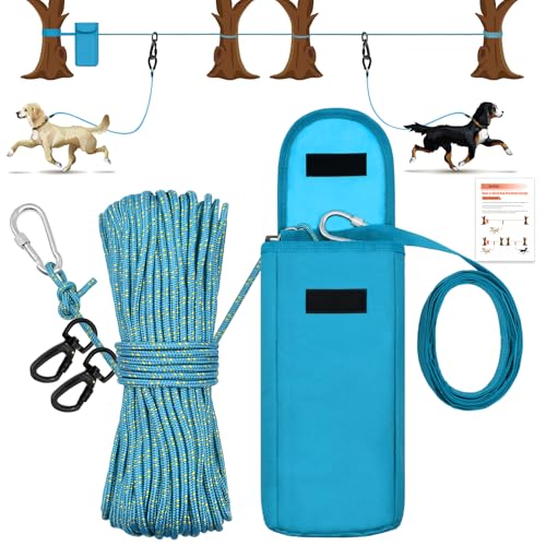KATOLK Verbessertes Hunde-Spannkabel für Camping, 30 m, tragbares Trolley-System für 2 Hunde, Knot-a-Hitch Hunde-Hitch-System bis zu 113 kg, Hundeläufer für Hof, Camping, Training, Laufen, Wandern von KATOLK