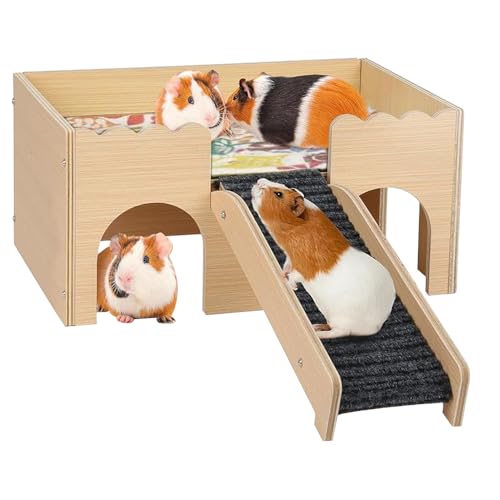 KBIBCK Meerschweinchen Haus aus Holz, Meerschweinchen Schloss, Spielzeug Meerschweinchen Zubehör mit Rampe 4 Eingänge, Kaninchenhaus, Haustiere Spielzeug Zubehoer für Zwerg Hamster Chinchillas Hase von KBIBCK