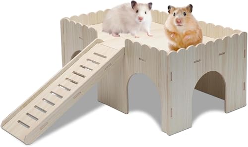 KBIBCK Meerschweinchenhaus aus Holz, Groß Meerschweinchen Haus, Meerschweinchen Spielzeug Zubehör mit Rampe 4 Eingänge, Hasenhaus, DIY Spielzeug Käfig Dekor, Hamsterhaus für Zwerghamster Rennmäuse von KBIBCK