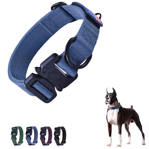 KCUCOP Premium Taktisches Hundehalsband für mittelgroße große Hunde, Verstellbares, strapazierfähiges Nylon-Militär-Hundehalsbänder mit Schnellverschluss-Metallschnalle (M-L, Blau) von KCUCOP